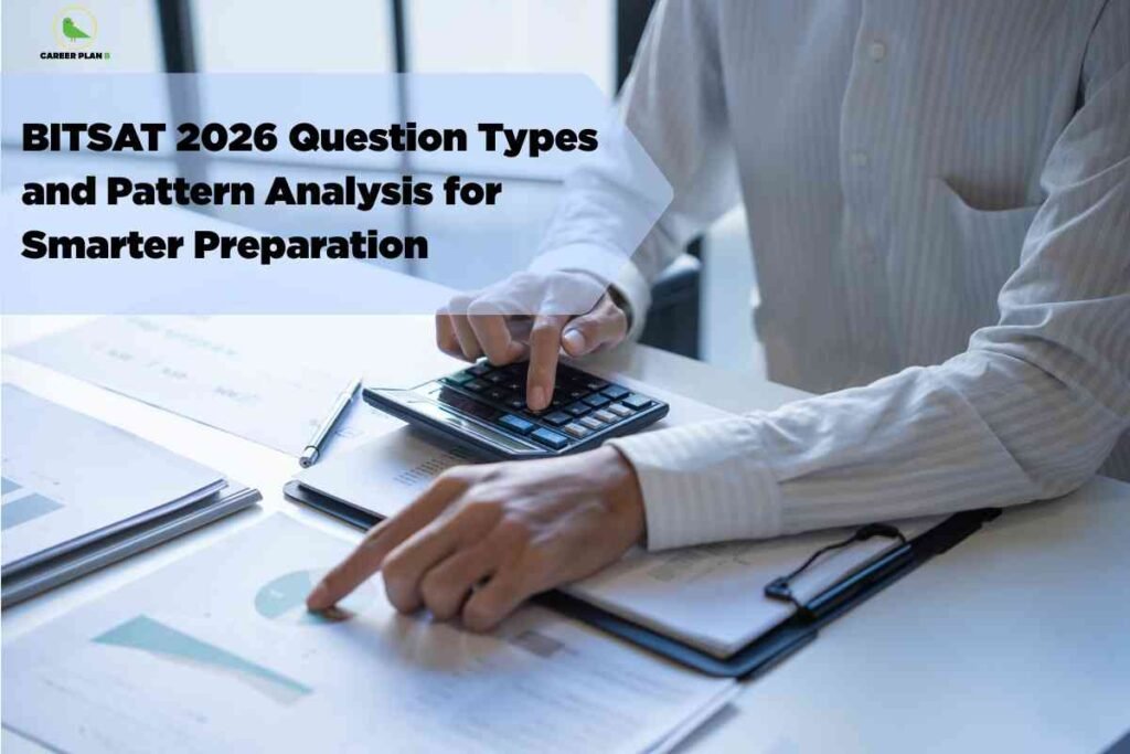 Student reviewing laptop screen with charts and notes, representing BITSAT 2026 exam pattern including section-wise marks distribution, number of questions, and updated test format.