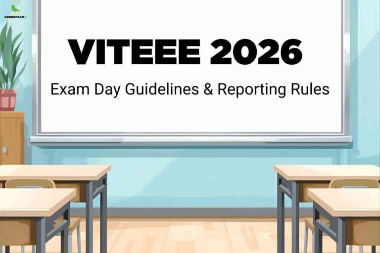 Students entering an exam center with admit cards and ID proofs, representing VITEEE 2026 exam day guidelines, reporting time, and important instructions for candidates.