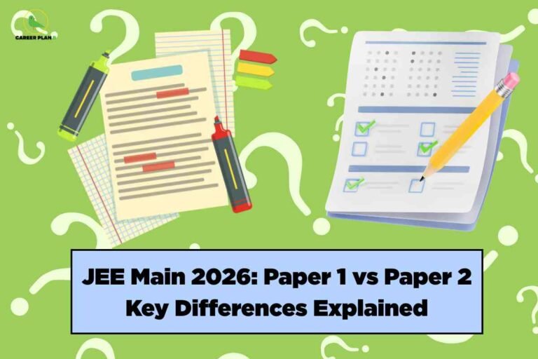 Students comparing architecture and engineering study materials, representing JEE Main Paper 1 vs Paper 2 differences in subjects, exam pattern, and eligibility for B.Tech and B.Arch courses.