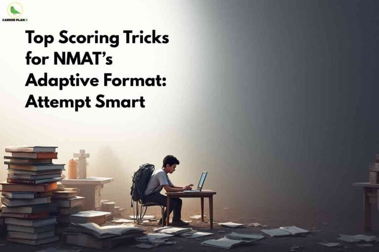 A student preparing on a laptop surrounded by books and notes, representing focused exam preparation and smart strategies for tackling the NMAT adaptive format effectively.