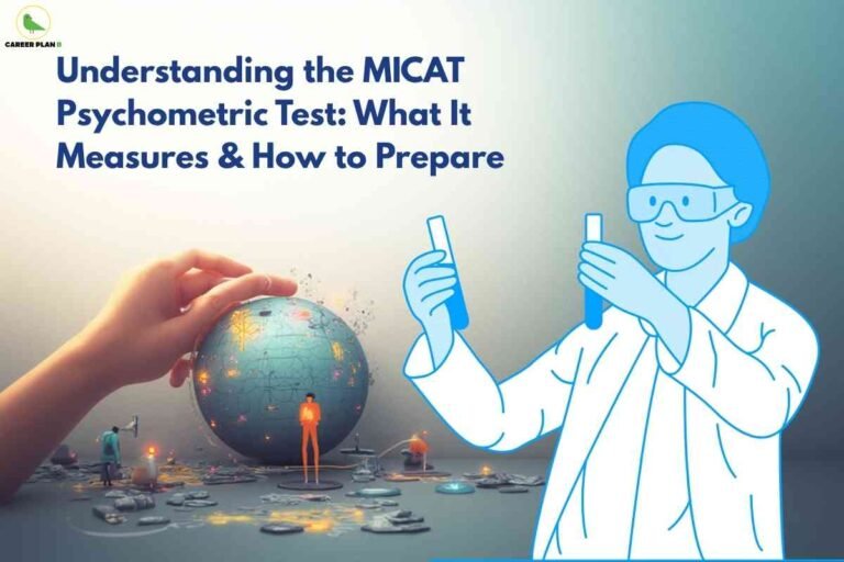 Illustration showing a researcher examining test samples beside a symbolic world of traits and behaviors, representing how the MICAT psychometric test measures personality and decision-making for exam preparation.