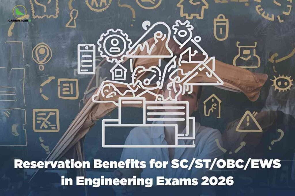 Illustration showing diverse students with government documents, representing SC ST OBC EWS reservation 2026 policy details, percentage distribution, and eligibility criteria for educational and entrance exams.