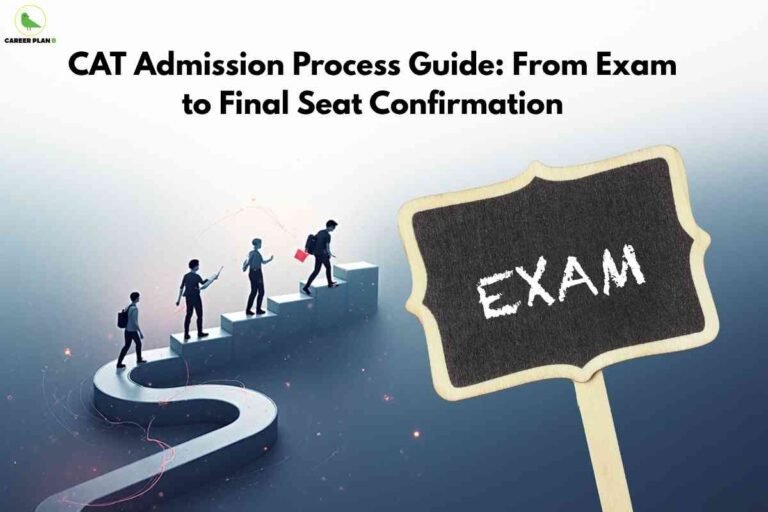 Students walking up steps symbolizing the CAT admission process, with an exam sign representing the journey from CAT exam to final seat confirmation.