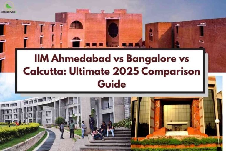 Campus images of IIM Ahmedabad, IIM Bangalore, and IIM Calcutta displayed together for an IIM Ahmedabad vs Bangalore vs Calcutta 2025 comparison guide.