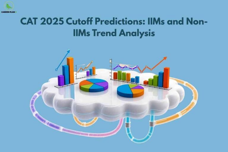 Charts and graphs illustrating CAT 2025 cutoff predictions for IIMs and non-IIMs, showing trend analysis through bar charts, pie charts, and line graphs.