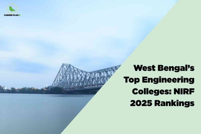 The image shows an expansive view of the Howrah Bridge spanning across the Hooghly River in Kolkata, West Bengal, under a pale blue sky. The bridge’s iconic steel truss structure dominates the left side, and buildings lining the riverside are faintly visible in the distance. The water body in the foreground reflects the tranquil morning or evening light. On the top left corner, the Career Plan B logo features a green bird and the brand name in black and green. On the right side, a large diagonal section of light mint-green overlays the scene, with bold black text reading: “West Bengal’s Top Engineering Colleges: NIRF 2025 Rankings.” The combination highlights both the regional architectural landmark and educational theme, visually connecting location and subject.