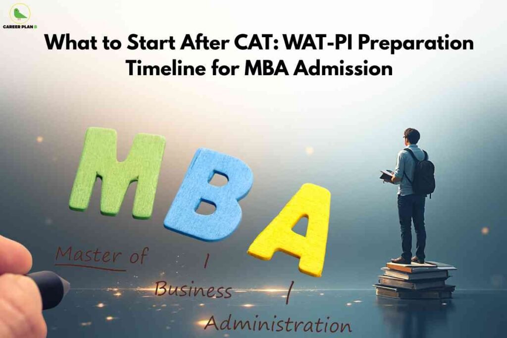 Banner image for an article titled “What to Start After CAT: WAT-PI Preparation Timeline for MBA Admission,” showing a young student with a backpack standing on a stack of books on the right side, holding more books and looking into a bright, foggy horizon that suggests future opportunities, while large colorful wooden letters “M,” “B,” and “A” in green, blue, and yellow are placed prominently across the center of the image with the words “Master of / Business / Administration” handwritten below them, and the Career Plan B logo appearing in the top-left corner, creating an aspirational and educational theme about MBA admissions and post-CAT preparation.