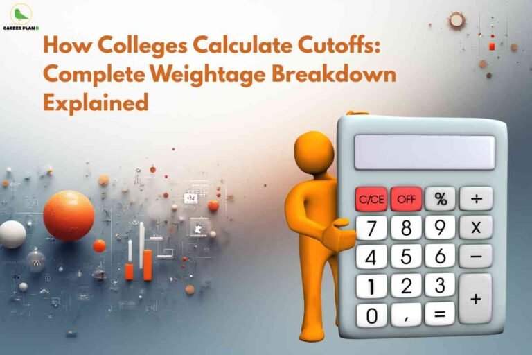 Banner image for an article titled “How Colleges Calculate Cutoffs: Complete Weightage Breakdown Explained,” featuring an orange 3D human-like figure on the right side standing beside and holding an oversized calculator with clearly visible number, percentage, and function keys, while the left side of the image shows a soft gradient background filled with scattered orange and white spheres and abstract data or chart icons, along with the Career Plan B logo in the top-left corner, visually representing calculation, analytics, and college cutoff evaluation.