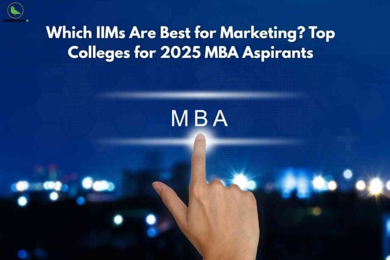 Banner image for an article titled “Which IIMs Are Best for Marketing? Top Colleges for 2025 MBA Aspirants,” featuring a night-time cityscape blurred in the background with glowing lights, a blue digital-style overlay, and a close-up of a hand in the foreground reaching up and touching the glowing word “MBA” at the center of the image, symbolizing selecting an MBA program in marketing, with the Career Plan B logo placed in the top-left corner.