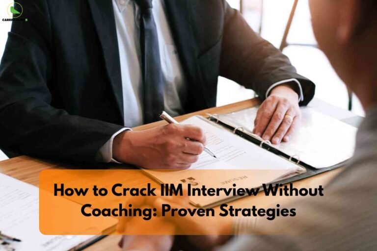 Professional interview setting with two people seated across a wooden desk in a brightly lit office. In the foreground, only the hands and torso of a candidate are visible, slightly out of focus. At the center, an interviewer in a black suit, white shirt, and dark tie is holding a pen and writing on a document placed on an open file or folder. Another hand, likely of a second interviewer or the same person, rests on the right side near the folder, suggesting an ongoing discussion. On the top left corner, there is a small circular logo of Career Plan B. At the bottom, an orange semi-transparent text box carries the bold black title: “How to Crack IIM Interview Without Coaching: Proven Strategies,” indicating the image is a blog or article cover about preparing for IIM interviews independently.