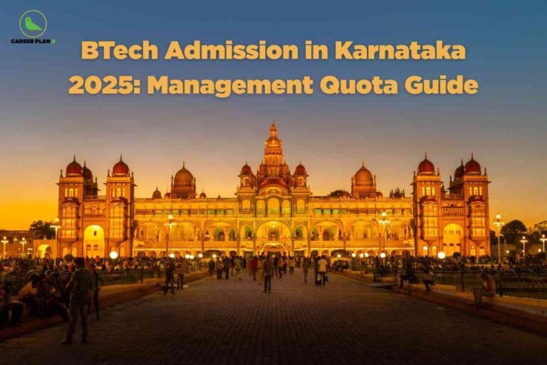 An evening photo of the illuminated Mysore Palace in Karnataka, India, takes center stage, captured with warm lights glowing against a clear dusk sky that transitions from deep blue above to golden yellow near the horizon. The palace’s ornate domes and arched colonnades stand out, with throngs of visitors strolling in the foreground, some seated along the walkways. In the top left corner, the Career Plan B logo with a green bird and brand name in black and green is visible. Spanning the upper center, bold gold text reads: “BTech Admission in Karnataka 2025: Management Quota Guide.” The overall ambiance is grand and inviting, supporting the educational theme with a recognizable state landmark.