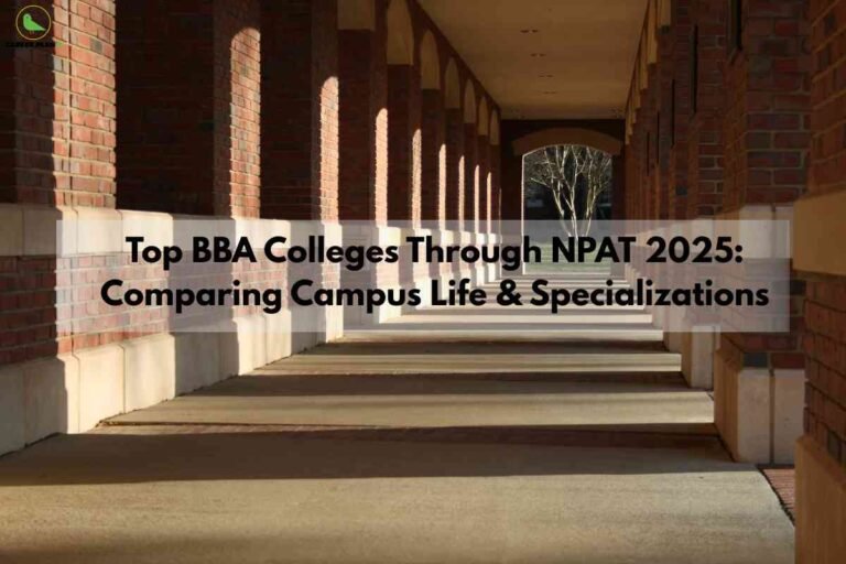 A sunlit brick corridor with repeating arches and shadows stretches into the distance on a quiet college campus. Across the center, translucent text reads “Top BBA Colleges Through NPAT 2025: Comparing Campus Life & Specializations,” with the Career Plan B logo in the top left corner, highlighting a guide to BBA colleges accepting NPAT scores.