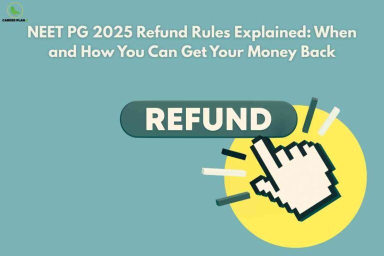 A teal background features the headline “NEET PG 2025 Refund Rules Explained: When and How You Can Get Your Money Back” at the top. Below, a large green button labeled “REFUND” is being clicked by a white pixelated cursor hand over a yellow circle, symbolizing fee refund for NEET PG candidates, with the Career Plan B logo in the top left corner.