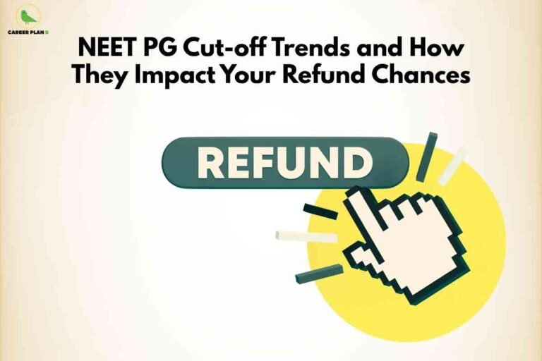 Banner image with a soft cream background featuring the bold black heading ‘NEET PG Cut-off Trends and How They Impact Your Refund Chances’ at the top, the Career Plan B logo in the upper left corner, and in the center a large green rounded button labeled ‘REFUND’ with an illustrated white pixel-style hand cursor clicking on it against a bright yellow circular backdrop with motion lines, symbolizing tracking cut-off scores to secure fee refunds.