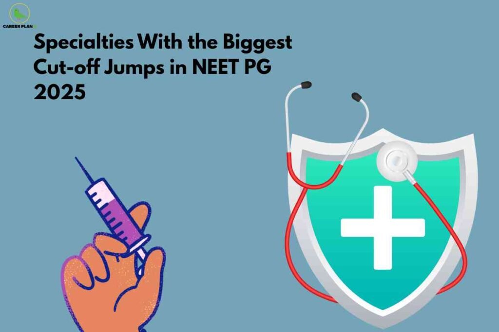 A medical-themed illustration showing a hand holding a syringe and a stethoscope over a shield with a medical cross, representing specialties with major NEET PG cutoff jumps in 2025.