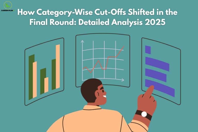 Illustration of a student analyzing charts showing round-wise changes and final shifts in NEET PG category cut off trends for 2025.