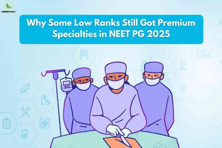 Illustration of surgeons performing an operation, representing how NEET PG low rank specialties were allotted in 2025 due to unexpected seat movements and counselling trends.