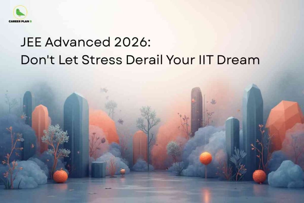 Surreal landscape with tall blue and orange crystal-like towers, fog, small trees, and orange spheres, visually representing calmness and focus for JEE Advanced 2026 stress management with Career Plan B logo.