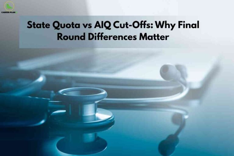 Illustration showing a student analyzing charts and graphs representing State quota vs AIQ cutoff differences for NEET PG 2025 counselling trends.