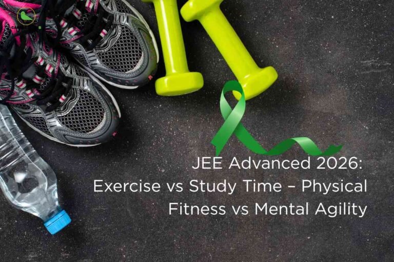 A pair of running shoes, two bright yellow dumbbells, and a water bottle on black gym floor with a green awareness ribbon, symbolizing JEE Advanced exercise vs study time balance for 2026, Career Plan B logo at the top.