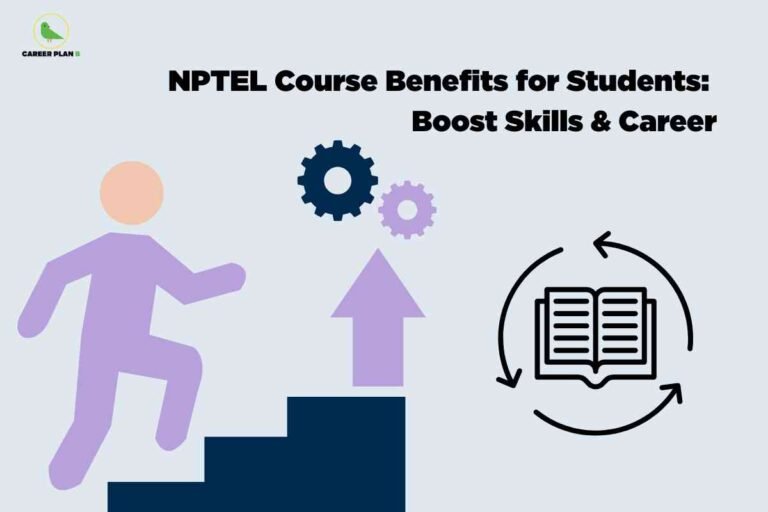 Minimal illustration of a student climbing stairs with gears and an upward arrow, next to a circular book icon, visually representing NPTEL course benefits for boosting skills and career growth, Career Plan B logo at top.