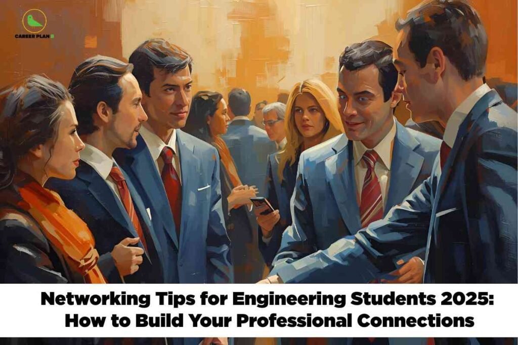 Engineering students in formal attire networking at a professional event, shaking hands, introducing themselves, and exchanging contacts, visually illustrating networking tips for engineering students in 2025, with Career Plan B logo at top left.