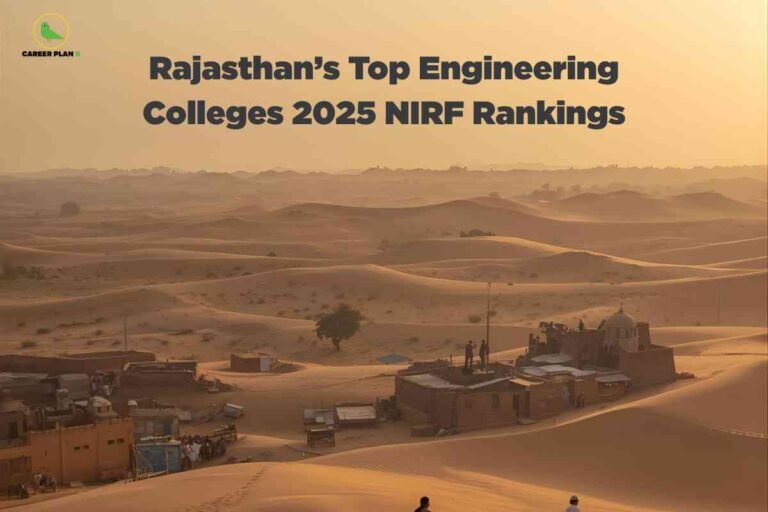 Wide view of golden sand dunes at sunset with a small settlement and people in the foreground, visually highlighting best engineering colleges in Rajasthan according to 2025 NIRF rankings, Career Plan B logo at the top left.