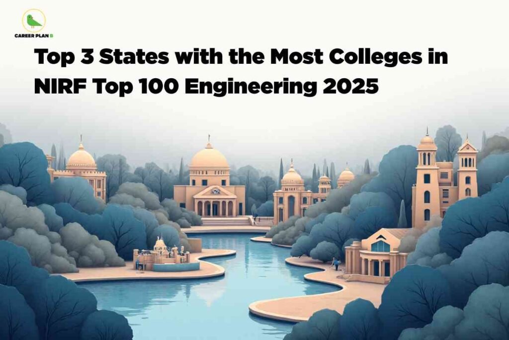 Artistic illustration of a river winding through a city filled with domed college buildings and green trees, visually representing NIRF top 100 colleges and the top three states with the most engineering institutes in 2025, with Career Plan B logo at the top left.