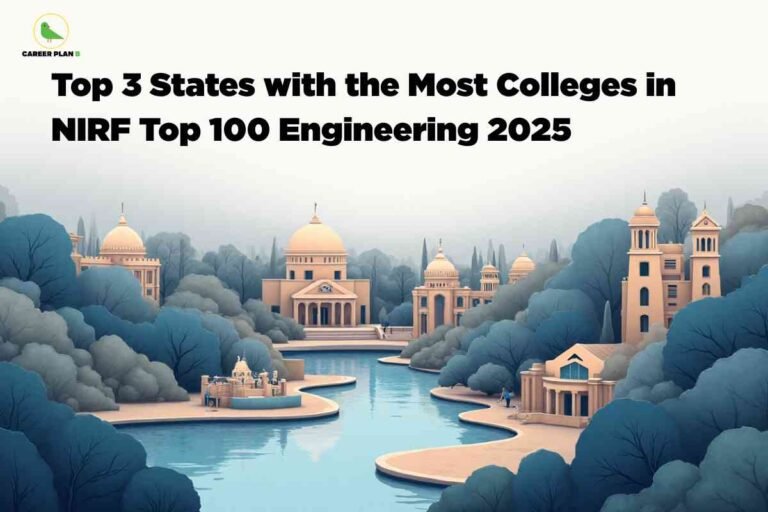 Artistic illustration of a river winding through a city filled with domed college buildings and green trees, visually representing NIRF top 100 colleges and the top three states with the most engineering institutes in 2025, with Career Plan B logo at the top left.