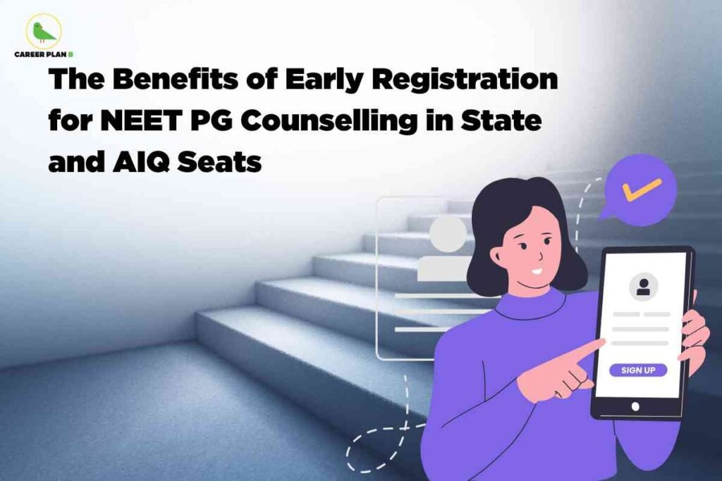 Illustration of a woman in purple holding a tablet with a 'Sign Up' screen, standing beside stairs with icons for user profile and tick mark, visually highlighting NEET PG counselling early registration benefits for state and AIQ seats; Career Plan B logo at the top left and bold headline above.