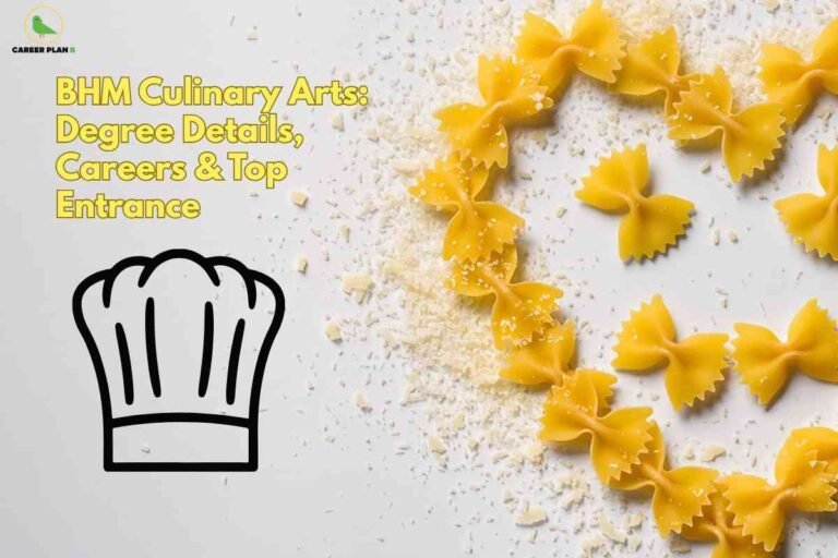 Bow-tie pasta arranged in a decorative heart shape with cheese crumbs and a chef hat icon, representing BHM Culinary Arts degree, careers, and entrance details.