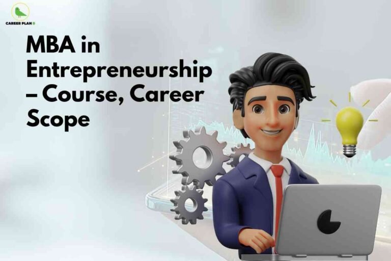 MBA in Entrepreneurship course overview featuring a business professional with startup icons like gears, laptop, and light bulb, representing innovation and career growth.