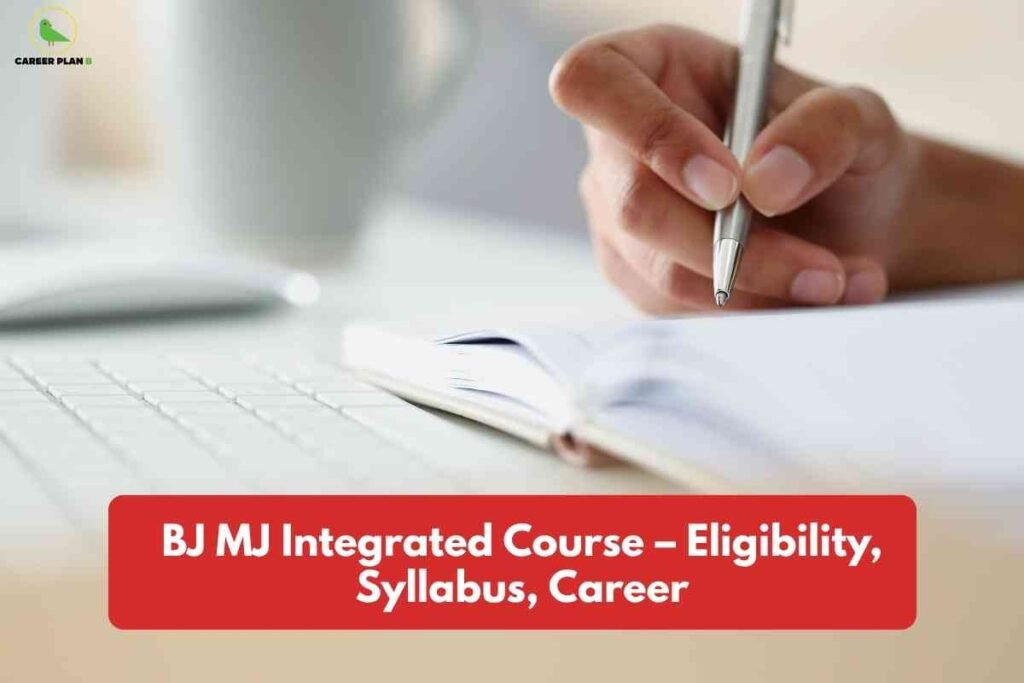 Student writing notes on a notebook beside a keyboard, representing the BJ MJ integrated course eligibility, syllabus, and career pathway.