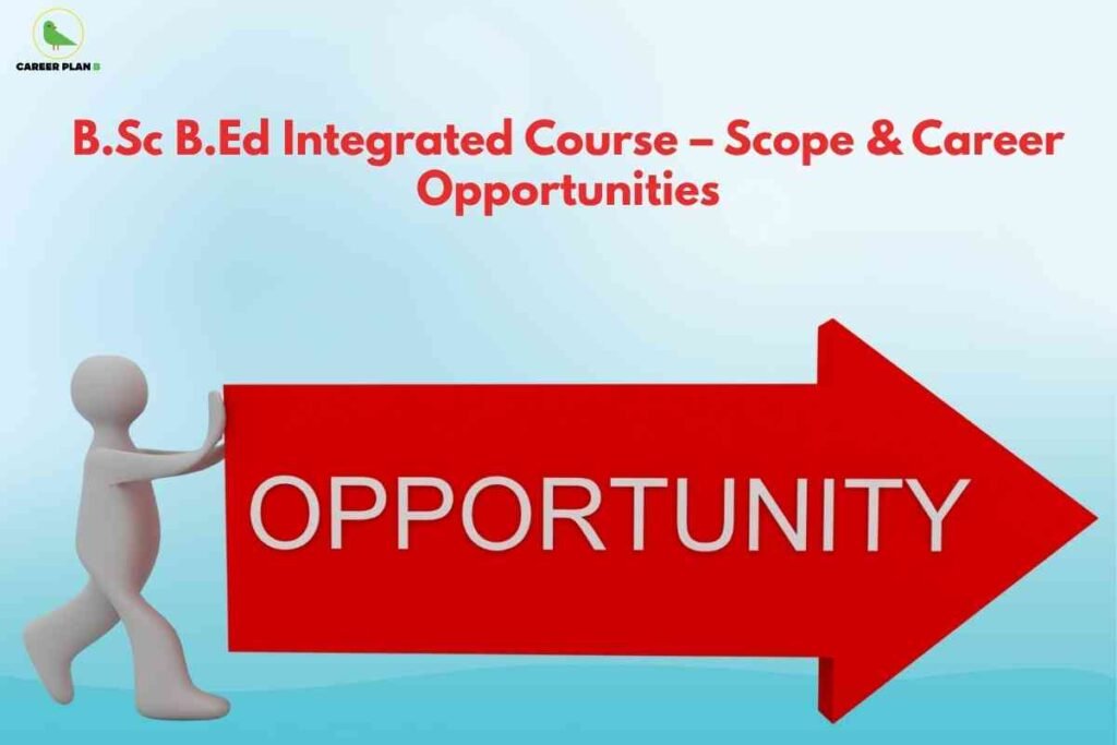 Illustration showing a person pushing a red arrow labeled ‘Opportunity,’ representing career opportunities after the B.Sc B.Ed course.