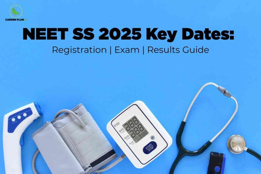 Flat lay of medical devices including a thermometer, digital blood pressure monitor, stethoscope, and pulse oximeter on a bright blue background, visually highlighting NEET SS 2025 key dates for registration, exam, and results; Career Plan B logo at the top left and bold headline above.