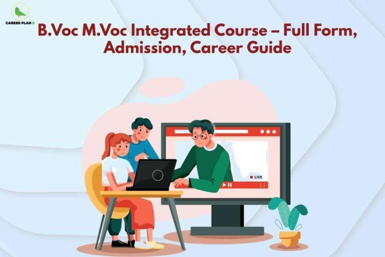 Illustration of students learning online with a mentor on screen, representing the B.Voc M.Voc integrated course admission and career guidance.