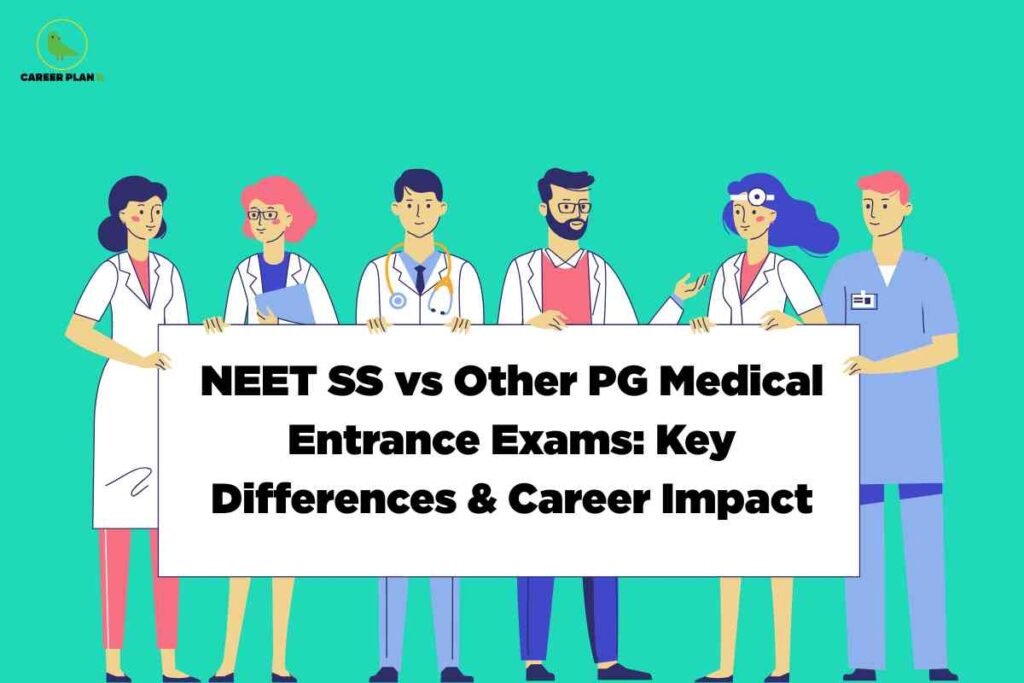 Illustrated group of six young doctors and nurses in medical uniforms and white coats, holding a signboard displaying "NEET SS vs Other PG Medical Entrance Exams: Key Differences & Career Impact" on a teal background, visually representing PG medical entrance exams in India; Career Plan B logo at the top left.