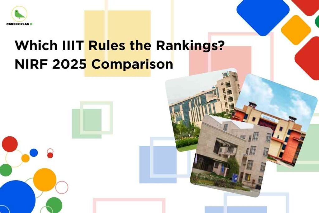 Collage of three IIIT campus buildings with modern architecture, over a background of colorful geometric squares and circles, visually comparing IIIT rankings NIRF 2025; headline and Career Plan B logo at the top left.