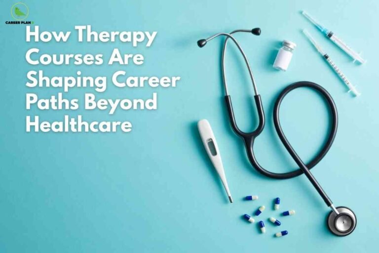 Medical tools like a stethoscope, thermometer, syringes, and capsules arranged on a blue background representing therapy courses careers expanding beyond healthcare.