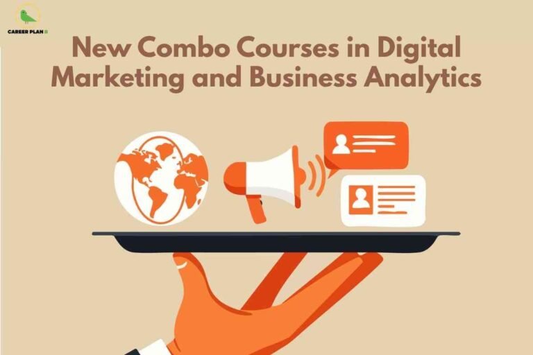 Illustration showing global marketing icons, megaphone, and analytics messages on a tray, representing a digital marketing business analytics course and new combo programs.