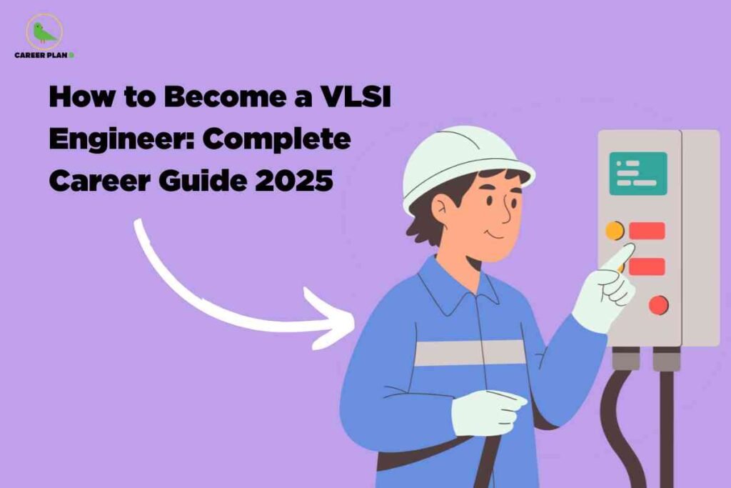 Engineer working on semiconductor chip design using advanced computer tools, representing how to become VLSI engineer with required skills, courses, and career path in electronics and chip design industry.