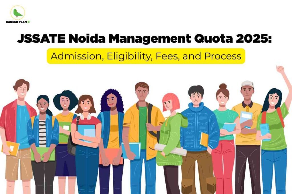 Illustration of diverse students holding books, representing JSSATE Noida management quota 2025 admission, eligibility, fees, and process.