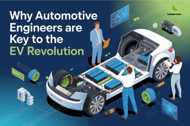 Automotive engineers working on the battery and electric components of an EV, highlighting the crucial role of automotive engineers in the EV revolution.