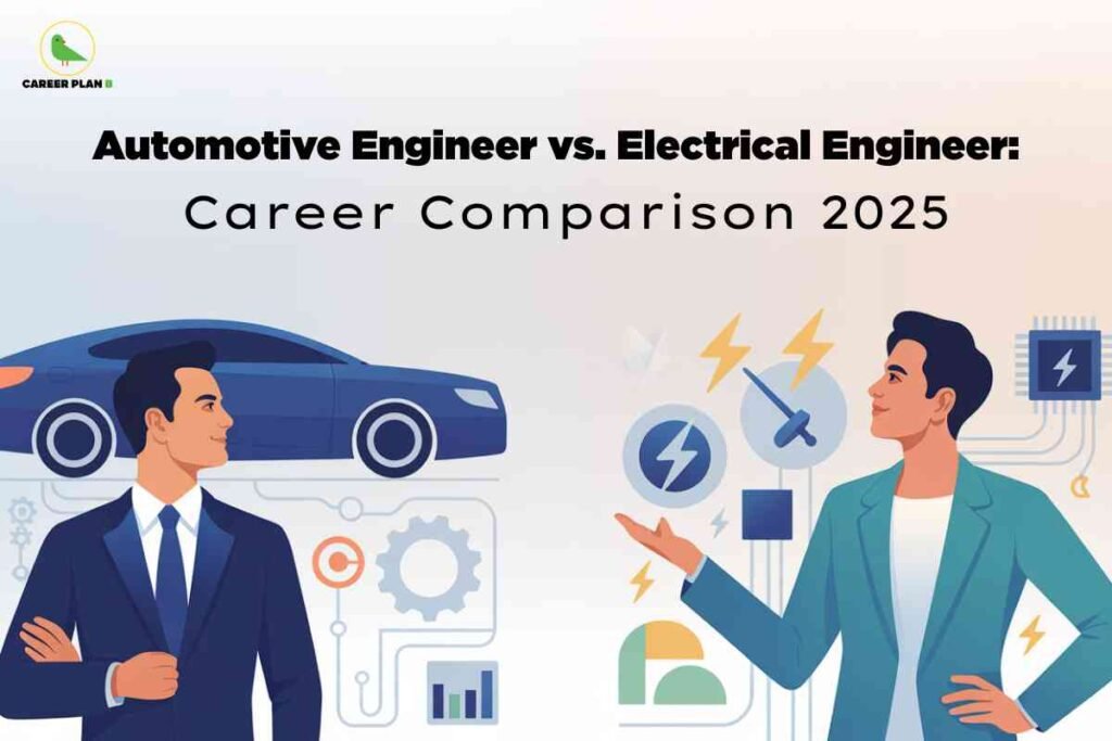 Illustration showing an automotive engineer beside a car and an electrical engineer surrounded by power and circuit symbols, representing automotive vs electrical engineer career comparison in 2025 with skills, roles, and opportunities.