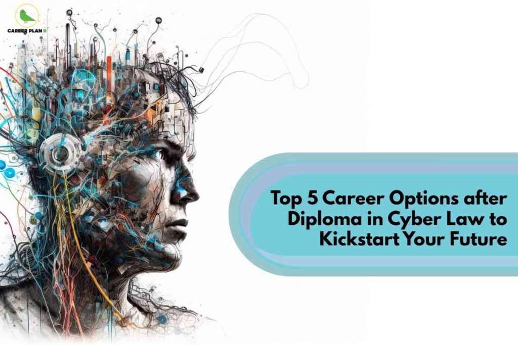 A white background features a futuristic, abstract illustration of a human head on the left, filled with colorful circuits, wires, and digital elements symbolizing technology and law. On the right, a teal rounded rectangle contains the title “Top 5 Career Options after Diploma in Cyber Law to Kickstart Your Future,” with the Career Plan B logo in the top left corner.
