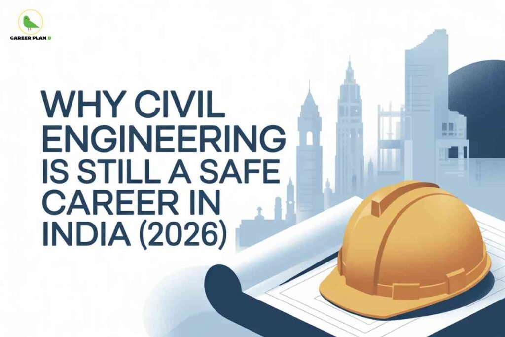 Safety helmet placed on architectural blueprints with city skyscrapers in the background, representing a stable and promising civil engineering career in India with growing infrastructure opportunities in 2026.