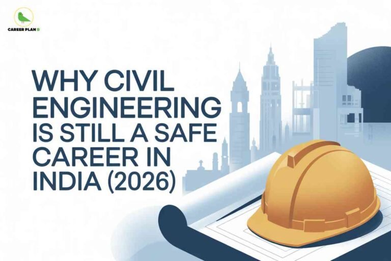 Safety helmet placed on architectural blueprints with city skyscrapers in the background, representing a stable and promising civil engineering career in India with growing infrastructure opportunities in 2026.