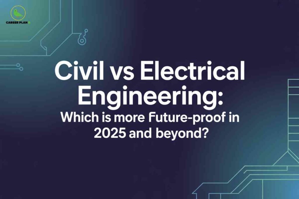 Modern graphic comparing two engineering fields with circuit and blueprint elements, representing civil vs electrical engineering and analyzing which has better future scope in 2025 and beyond.