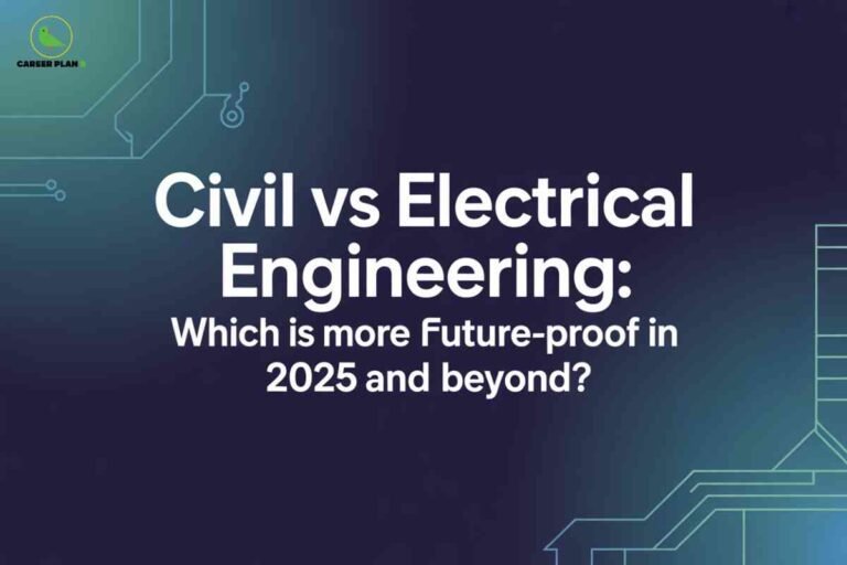 Modern graphic comparing two engineering fields with circuit and blueprint elements, representing civil vs electrical engineering and analyzing which has better future scope in 2025 and beyond.