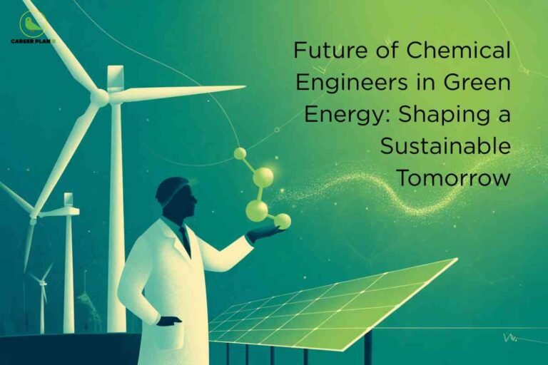 Chemical engineer in a lab coat analyzing molecular structures near wind turbines and solar panels, representing the vital role of chemical engineers in green energy and sustainable technology innovation.